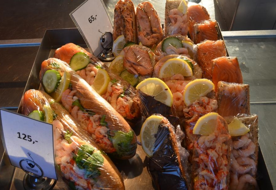 Sea food snack sandwiches, Bergen fish market