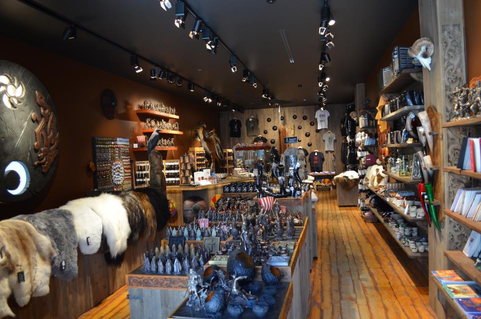 Souvenir shop in Reykjavik with Viking's items, statues from the Norse mythology, guide books, shirts etc