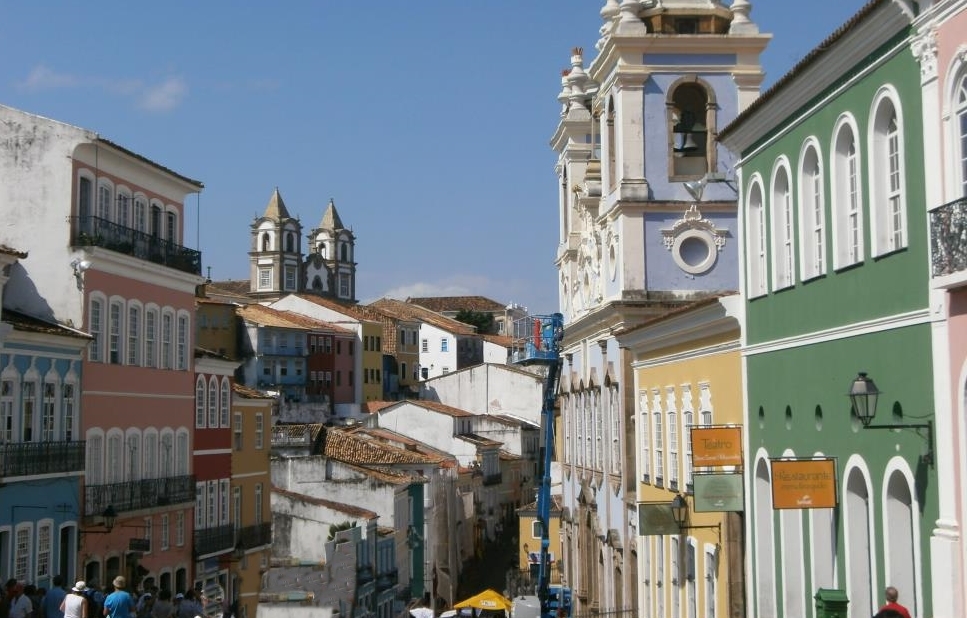 Colorful Pelourinho Old Town with nice house facades and churches, Salavdor da Bahia, Brazil
