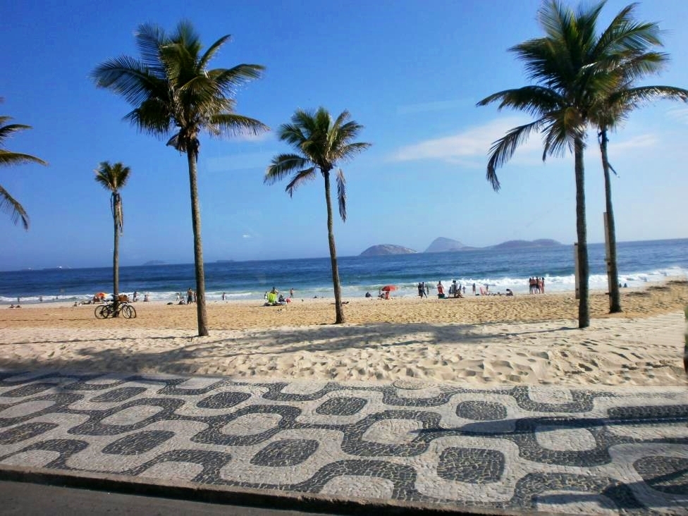 Full exotics of Ipanema beach with palm trees, sand and ocean