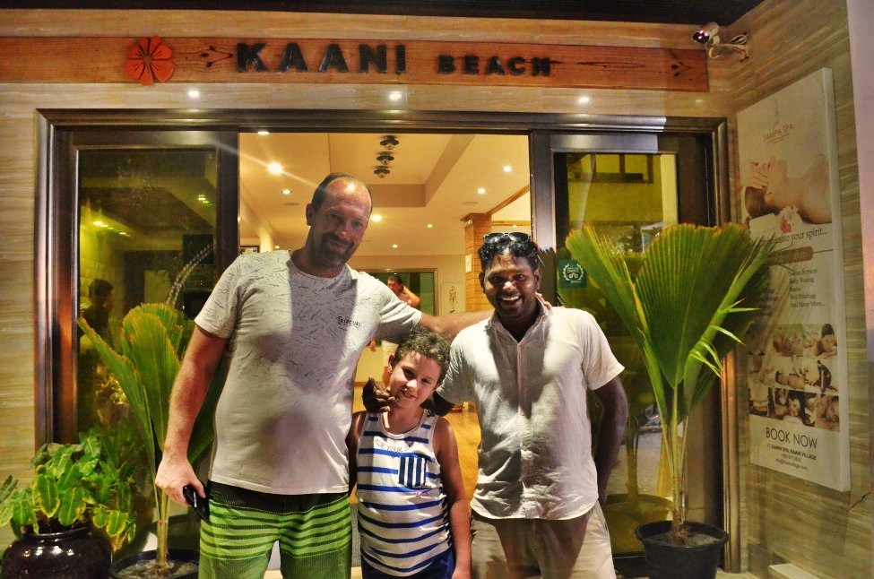 Article author with his son and manager of Kaani Beach Hotel on Maafushi Island