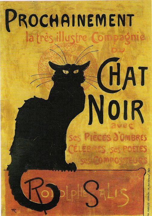 Famous poster for the first Cabaret bar on Montmartre - "The Black Cat", painted by Toulouse Lautrec...Black cat sitting with yellowish background