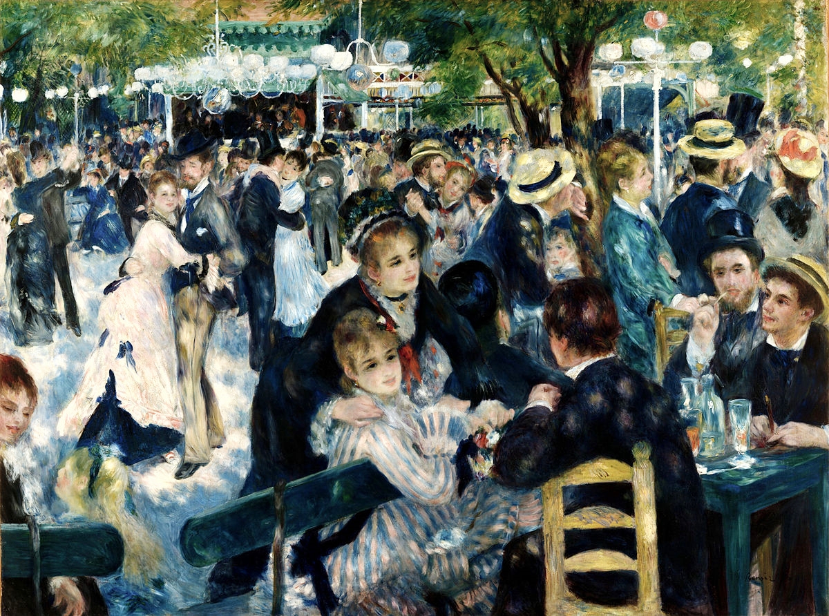famous painting by Renir representing ball at favorite place - Moulin de la Galette..People talking, dancing and drinking nicely dressed lin