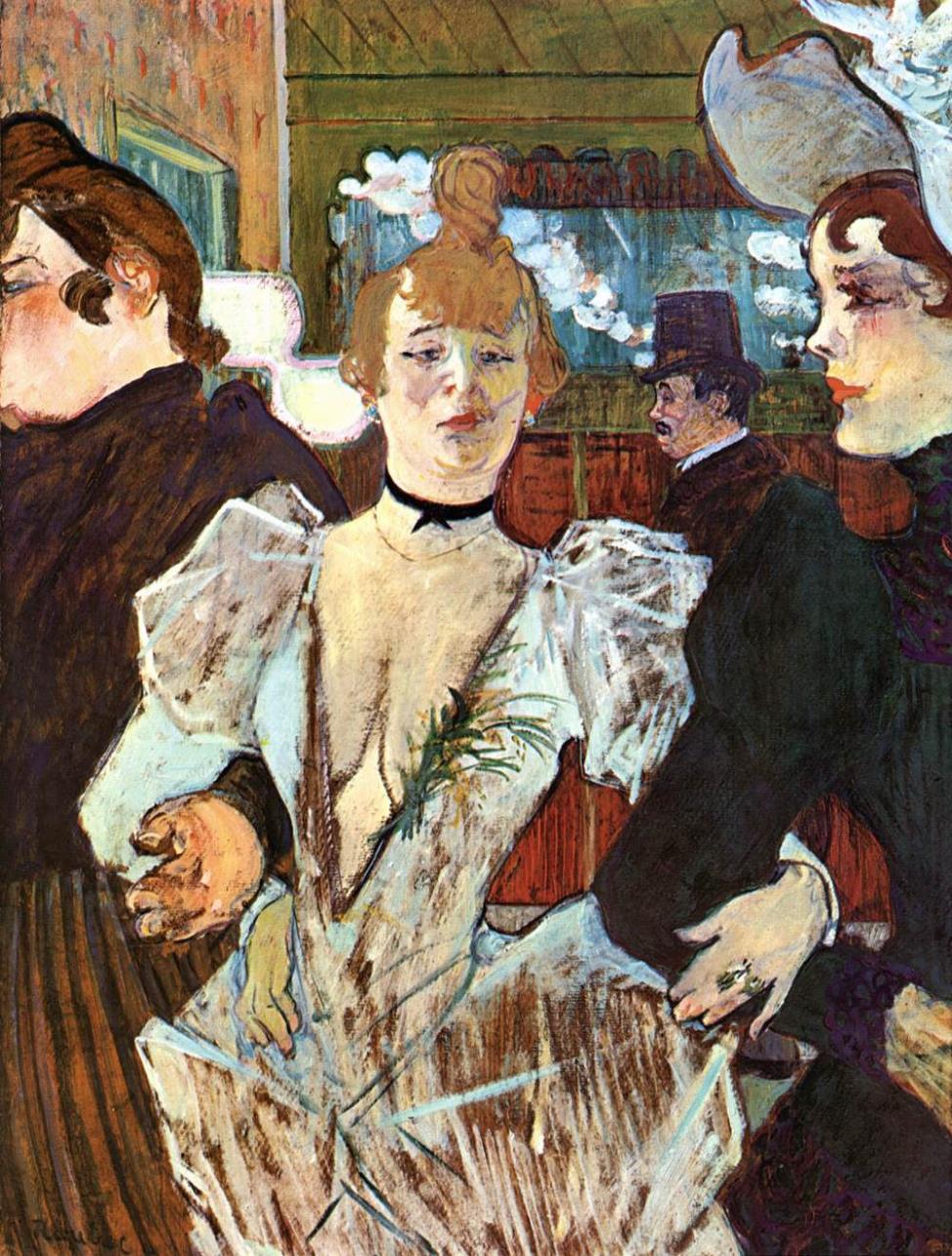 Painting of can can dancer La Goulue entering Moulin Rouge, by Toulouse Lautrec