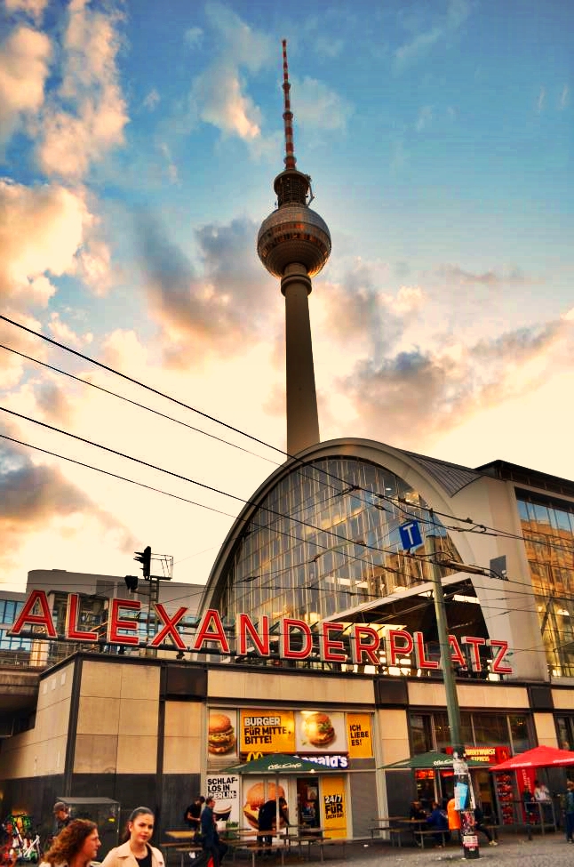 Alexander Platz with Fernsehturm TV Tower and blue sky above