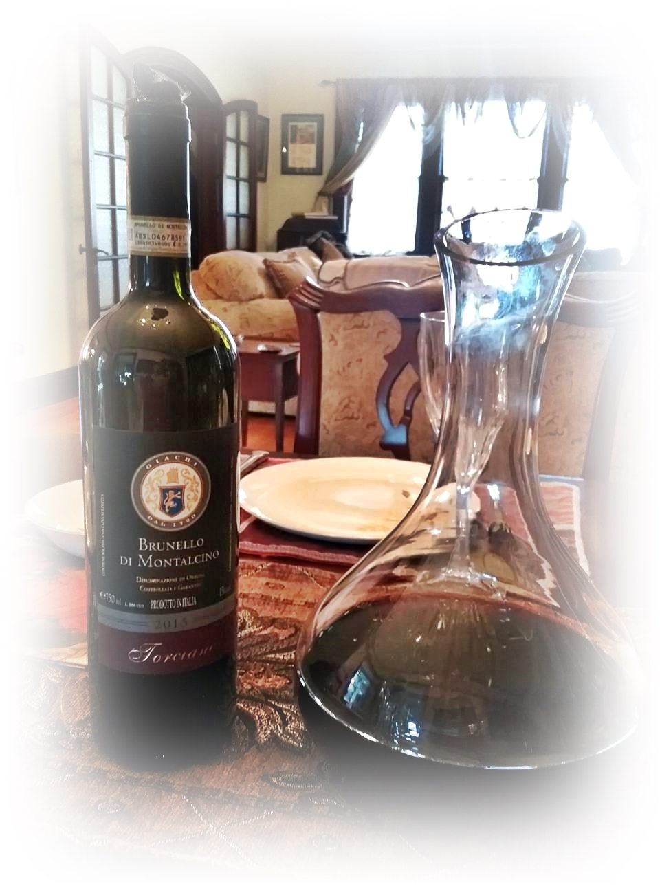 Noble style Brunello di Montalcino red wine ready on the table